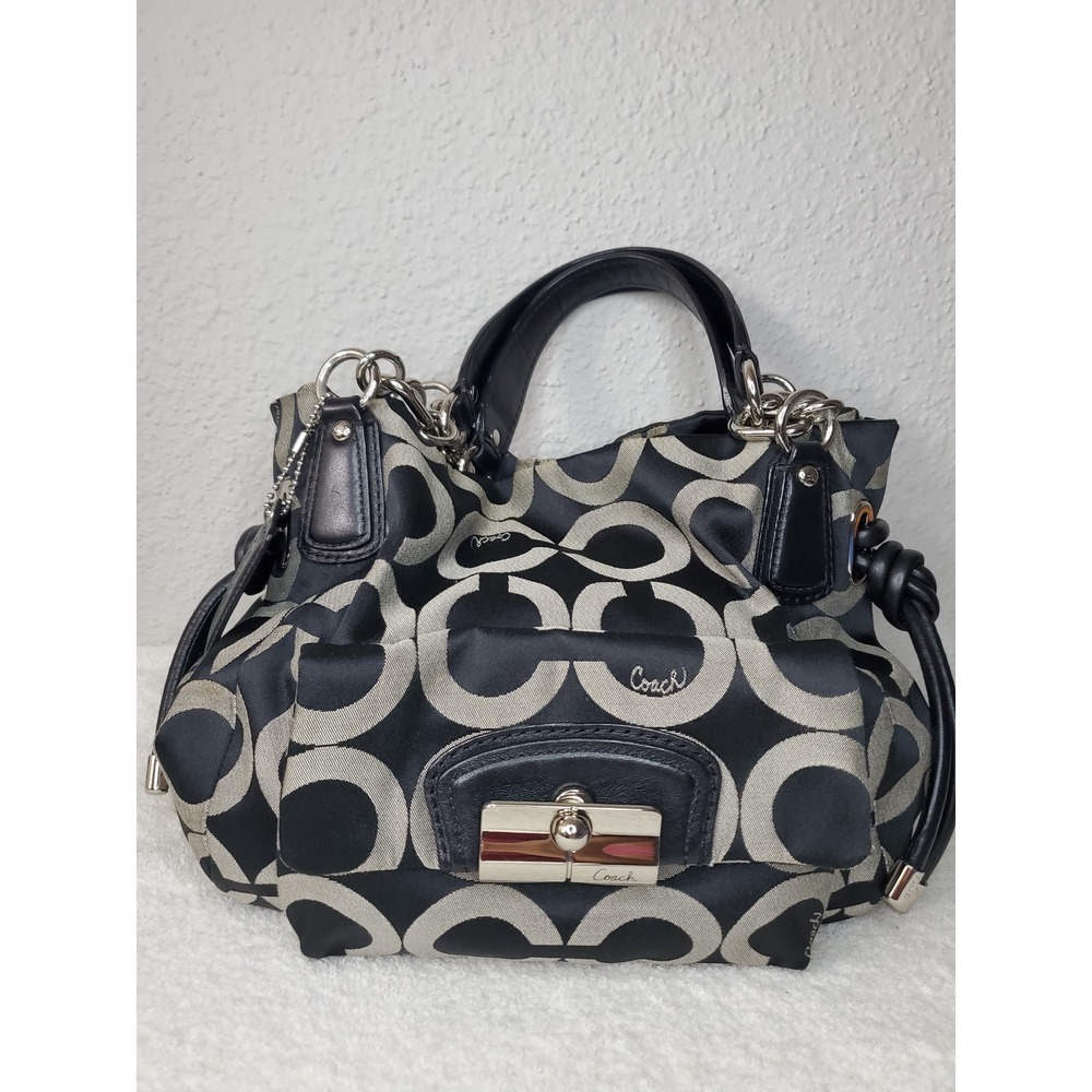 Coach Madison Op Art Sateen Sophia Satchel Black Silver Handbag 14783